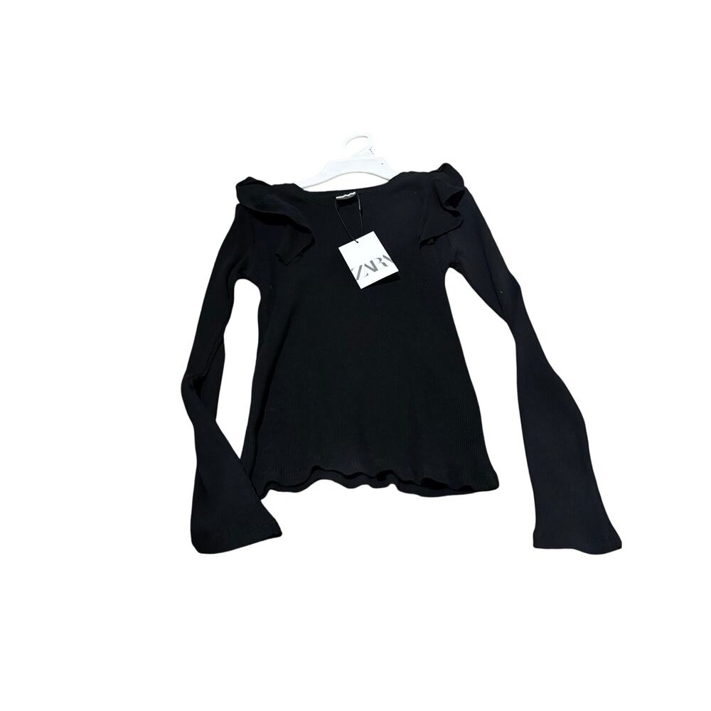 Zara black 11/12 long sleeve ruffled shoulder cotton spandex top nwt